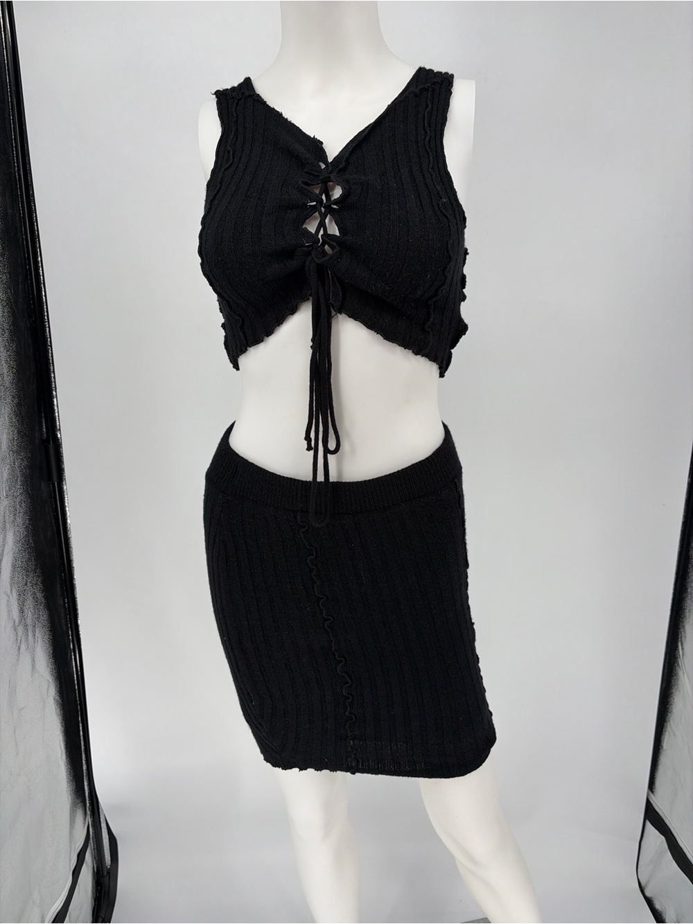 Hot & Delicious Black Ribbed Lace-Up Crop Top & Pencil Skirt Set